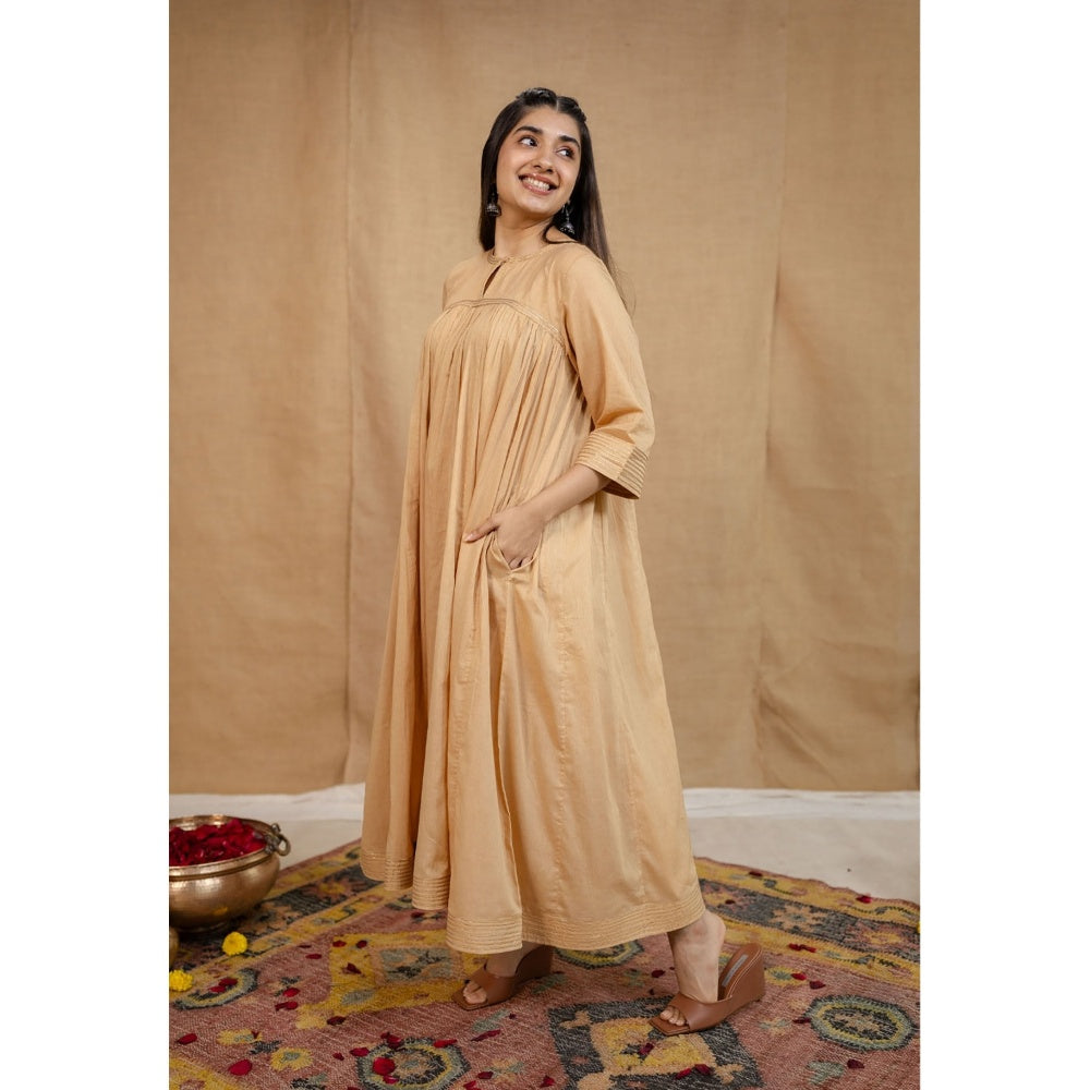 The Indian Ethnic Co. Beige Plain Cotton Anarkali Kurta with Pant and Dupatta (Set of 3)