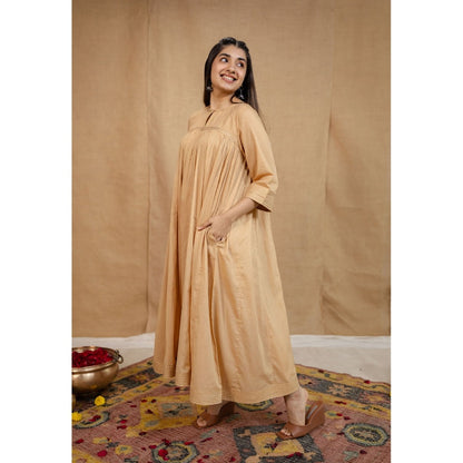 The Indian Ethnic Co. Beige Plain Cotton Anarkali Kurta with Pant and Dupatta (Set of 3)