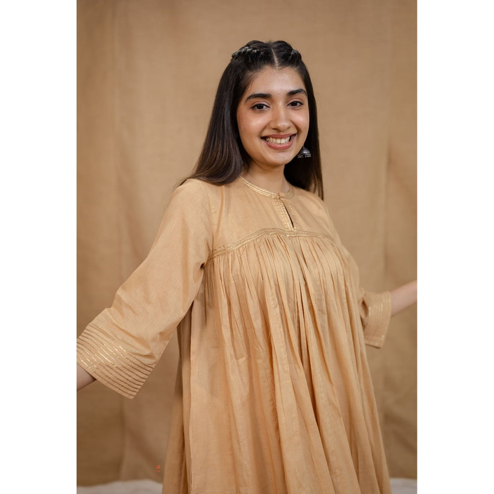 The Indian Ethnic Co. Beige Plain Cotton Anarkali Kurta with Pant and Dupatta (Set of 3)