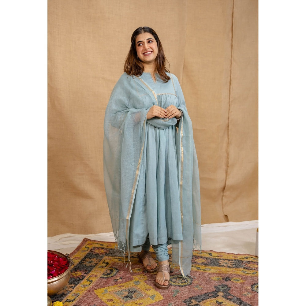 The Indian Ethnic Co. Blue Cotton Anarkali Kurta with Churidar and Dupatta (Set of 3)