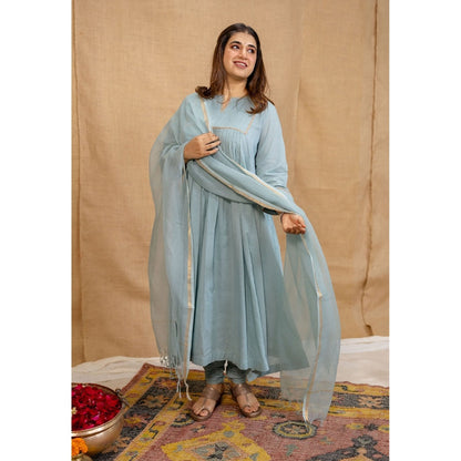 The Indian Ethnic Co. Blue Cotton Anarkali Kurta with Churidar and Dupatta (Set of 3)