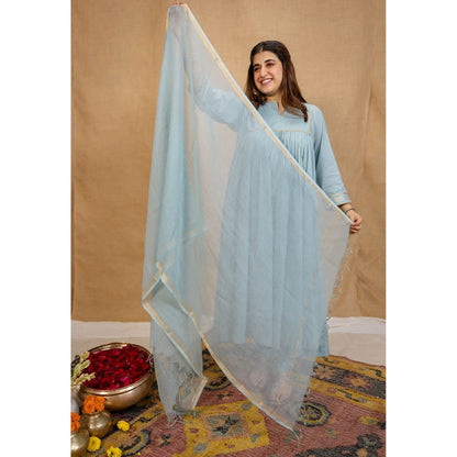 The Indian Ethnic Co. Blue Cotton Anarkali Kurta with Churidar and Dupatta (Set of 3)