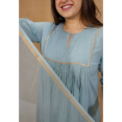 The Indian Ethnic Co. Blue Cotton Anarkali Kurta with Churidar and Dupatta (Set of 3)