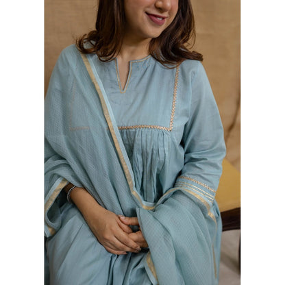 The Indian Ethnic Co. Blue Cotton Anarkali Kurta with Churidar and Dupatta (Set of 3)