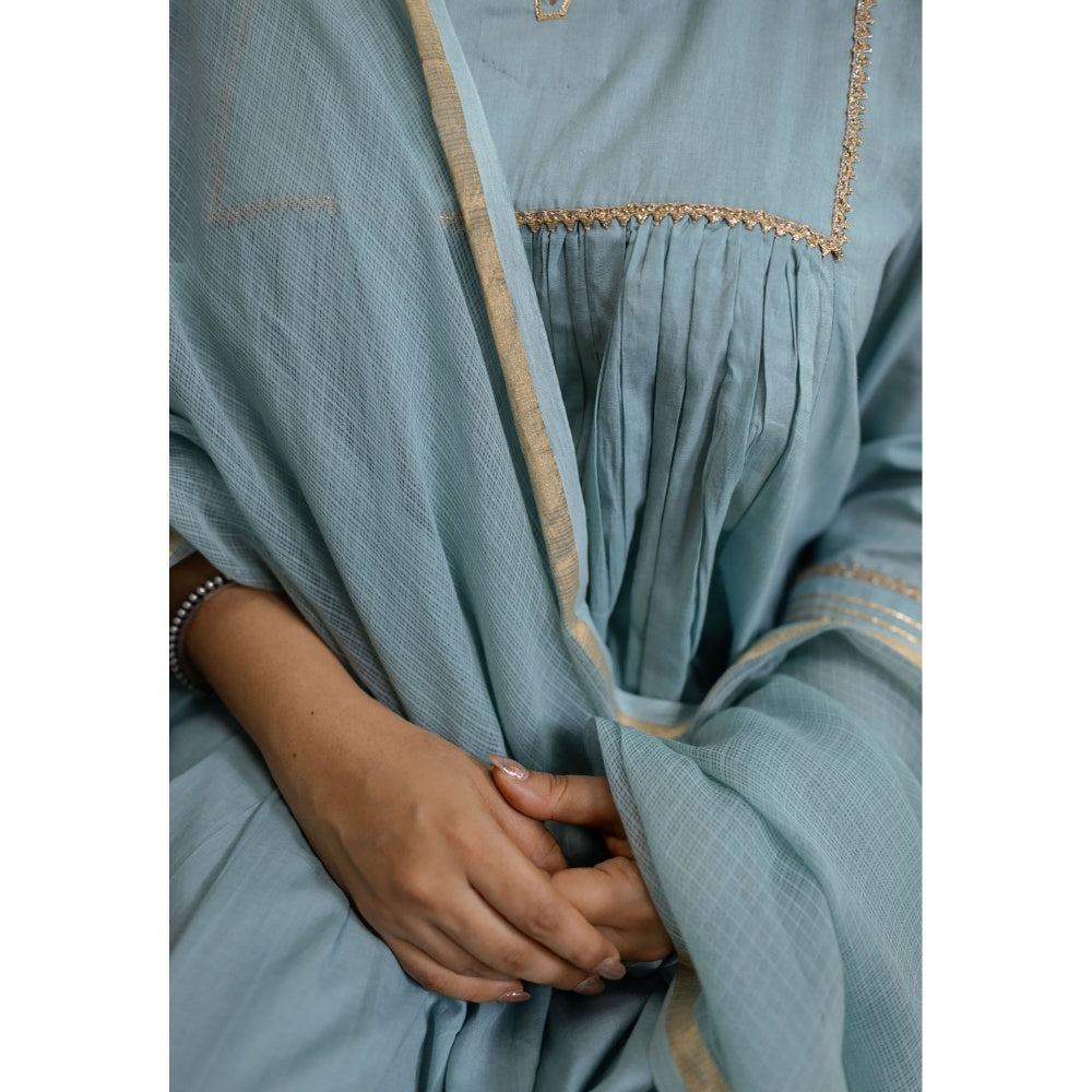 The Indian Ethnic Co. Blue Cotton Anarkali Kurta with Churidar and Dupatta (Set of 3)