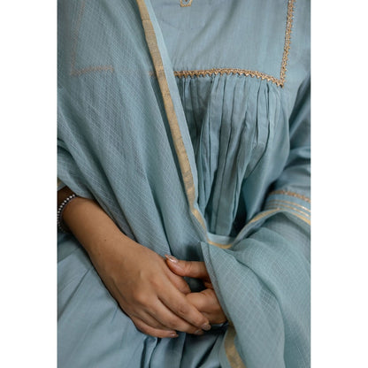 The Indian Ethnic Co. Blue Cotton Anarkali Kurta with Churidar and Dupatta (Set of 3)