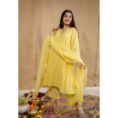 The Indian Ethnic Co. Yellow Plain A-Line Cotton Slip Kurta with Pant and Dupatta (Set of 4)