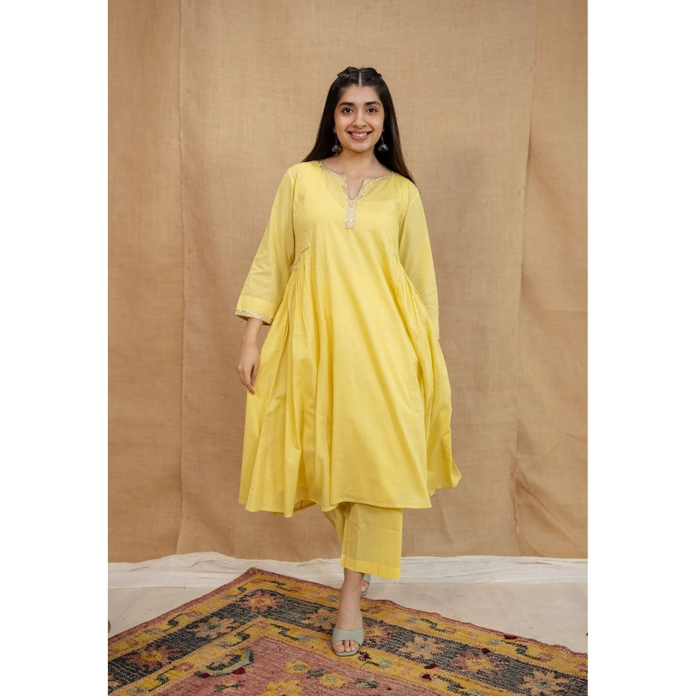 The Indian Ethnic Co. Yellow Plain A-Line Cotton Slip Kurta with Pant and Dupatta (Set of 4)