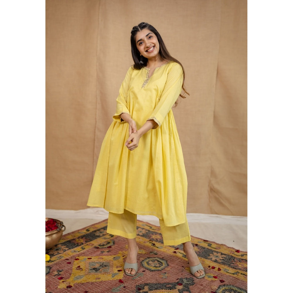 The Indian Ethnic Co. Yellow Plain A-Line Cotton Slip Kurta with Pant and Dupatta (Set of 4)