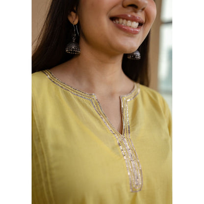 The Indian Ethnic Co. Yellow Plain A-Line Cotton Slip Kurta with Pant and Dupatta (Set of 4)