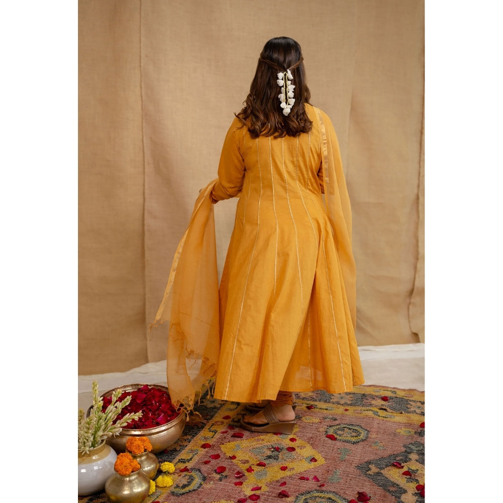 The Indian Ethnic Co. Orange Plain Cotton Anarkali Kurta with Churidar and Dupatta (Set of 3)
