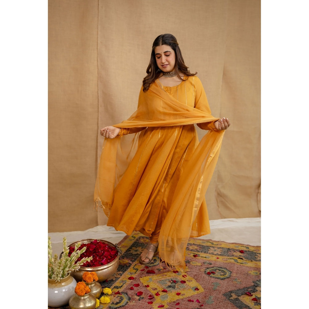 The Indian Ethnic Co. Orange Plain Cotton Anarkali Kurta with Churidar and Dupatta (Set of 3)