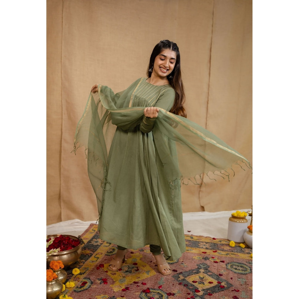 The Indian Ethnic Co. Olive Plain A-Line Cotton Kurta with Churidar and Dupatta (Set of 3)