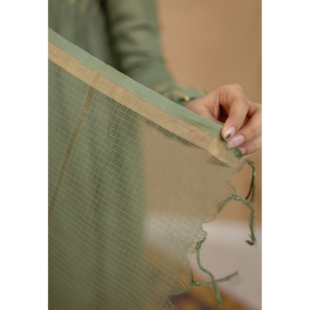 The Indian Ethnic Co. Olive Plain A-Line Cotton Kurta with Churidar and Dupatta (Set of 3)