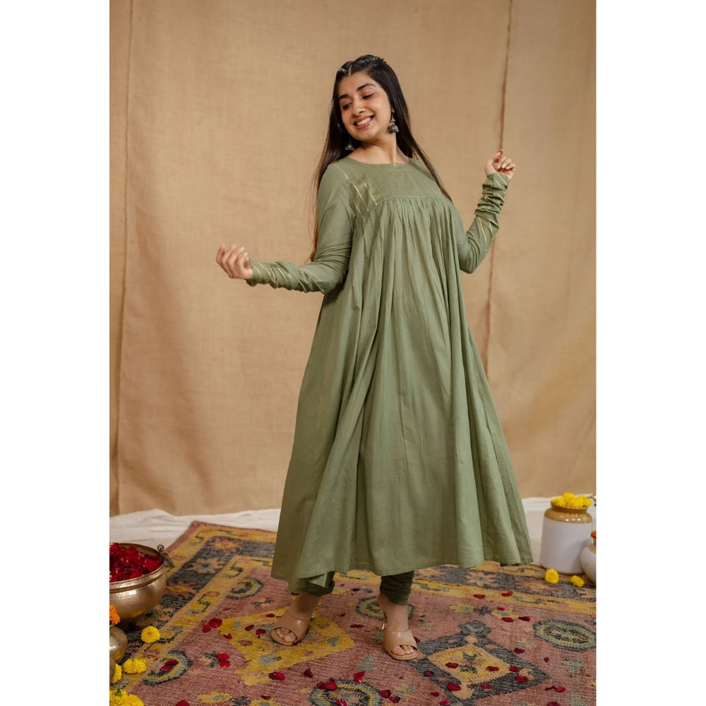 The Indian Ethnic Co. Olive Plain A-Line Cotton Kurta with Churidar and Dupatta (Set of 3)