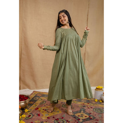 The Indian Ethnic Co. Olive Plain A-Line Cotton Kurta with Churidar and Dupatta (Set of 3)