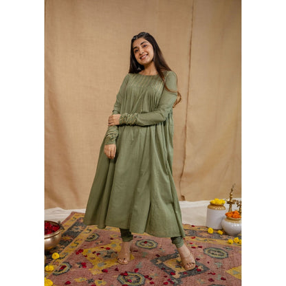 The Indian Ethnic Co. Olive Plain A-Line Cotton Kurta with Churidar and Dupatta (Set of 3)