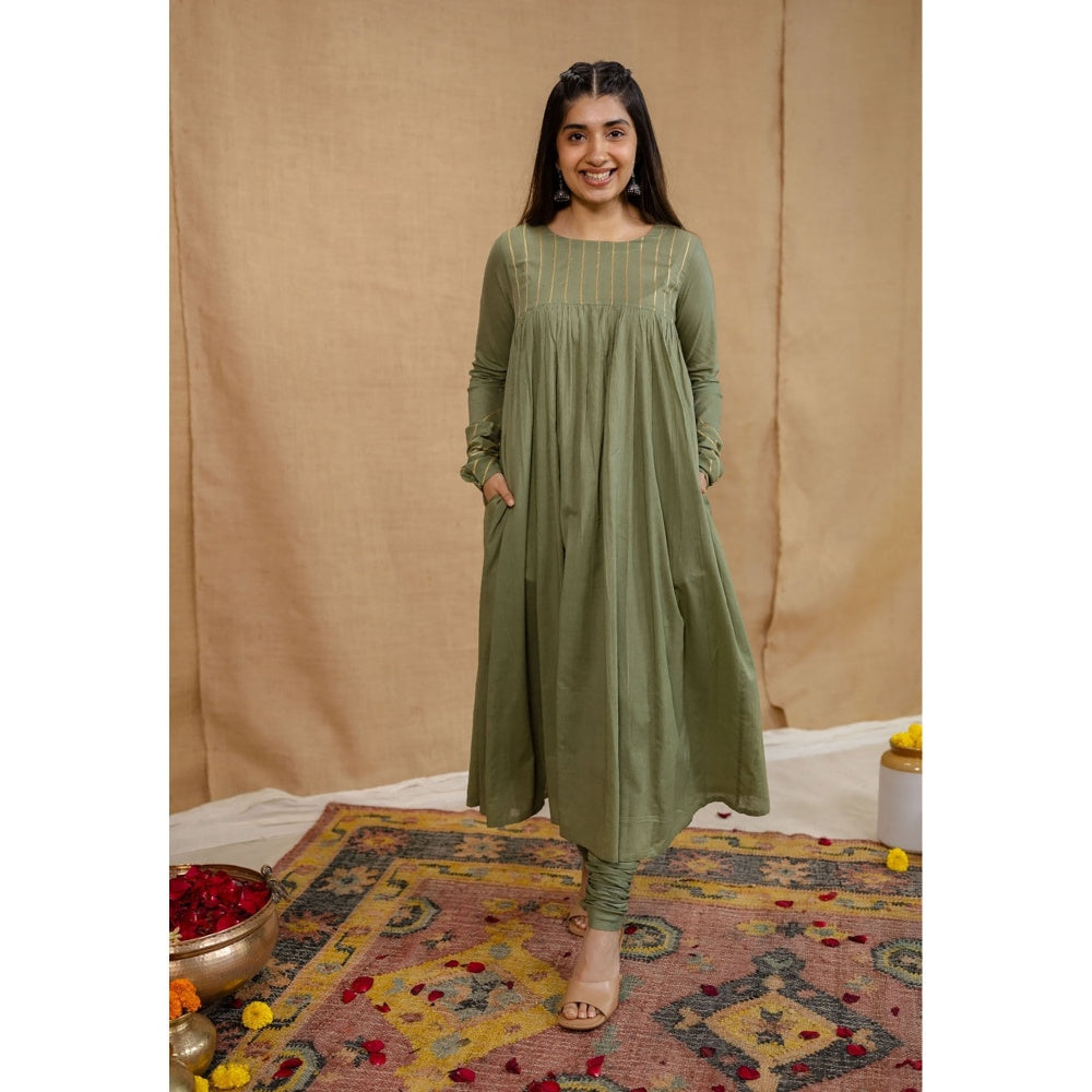 The Indian Ethnic Co. Olive Plain A-Line Cotton Kurta with Churidar and Dupatta (Set of 3)