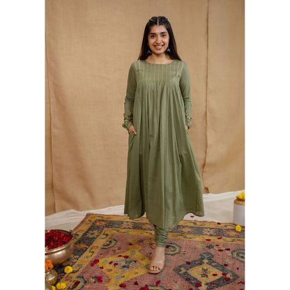 The Indian Ethnic Co. Olive Plain A-Line Cotton Kurta with Churidar and Dupatta (Set of 3)