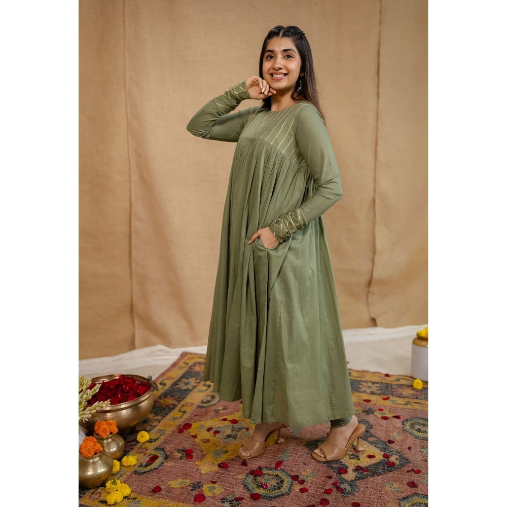 The Indian Ethnic Co. Olive Plain A-Line Cotton Kurta with Churidar and Dupatta (Set of 3)