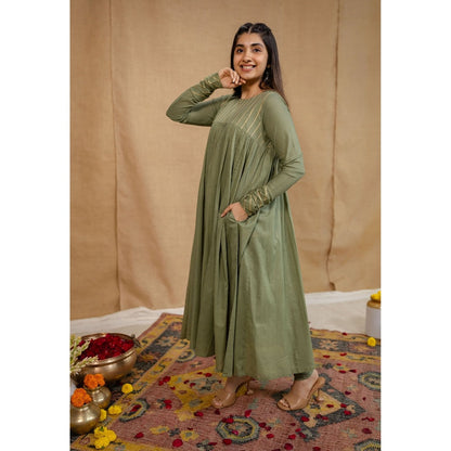 The Indian Ethnic Co. Olive Plain A-Line Cotton Kurta with Churidar and Dupatta (Set of 3)