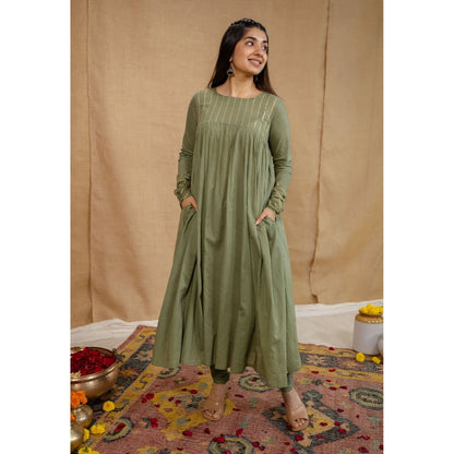 The Indian Ethnic Co. Olive Plain A-Line Cotton Kurta with Churidar and Dupatta (Set of 3)