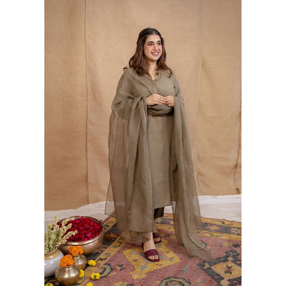 The Indian Ethnic Co. Olive Plain Straight Cotton Kurta with Pant and Dupatta (Set of 3)