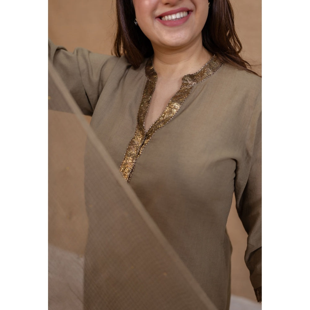 The Indian Ethnic Co. Olive Plain Straight Cotton Kurta with Pant and Dupatta (Set of 3)