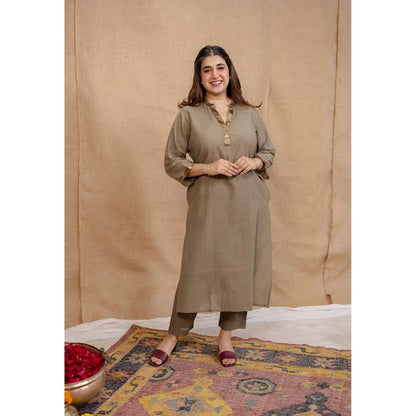 The Indian Ethnic Co. Olive Plain Straight Cotton Kurta with Pant and Dupatta (Set of 3)