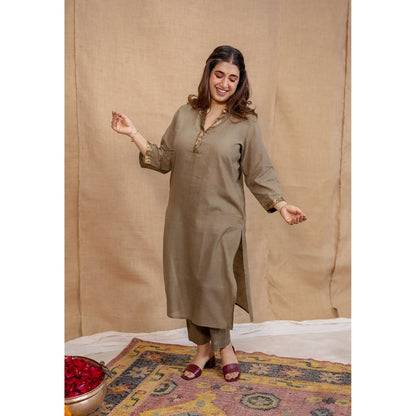 The Indian Ethnic Co. Olive Plain Straight Cotton Kurta with Pant and Dupatta (Set of 3)