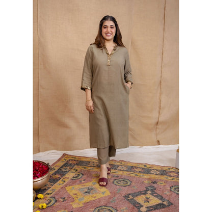 The Indian Ethnic Co. Olive Plain Straight Cotton Kurta with Pant and Dupatta (Set of 3)