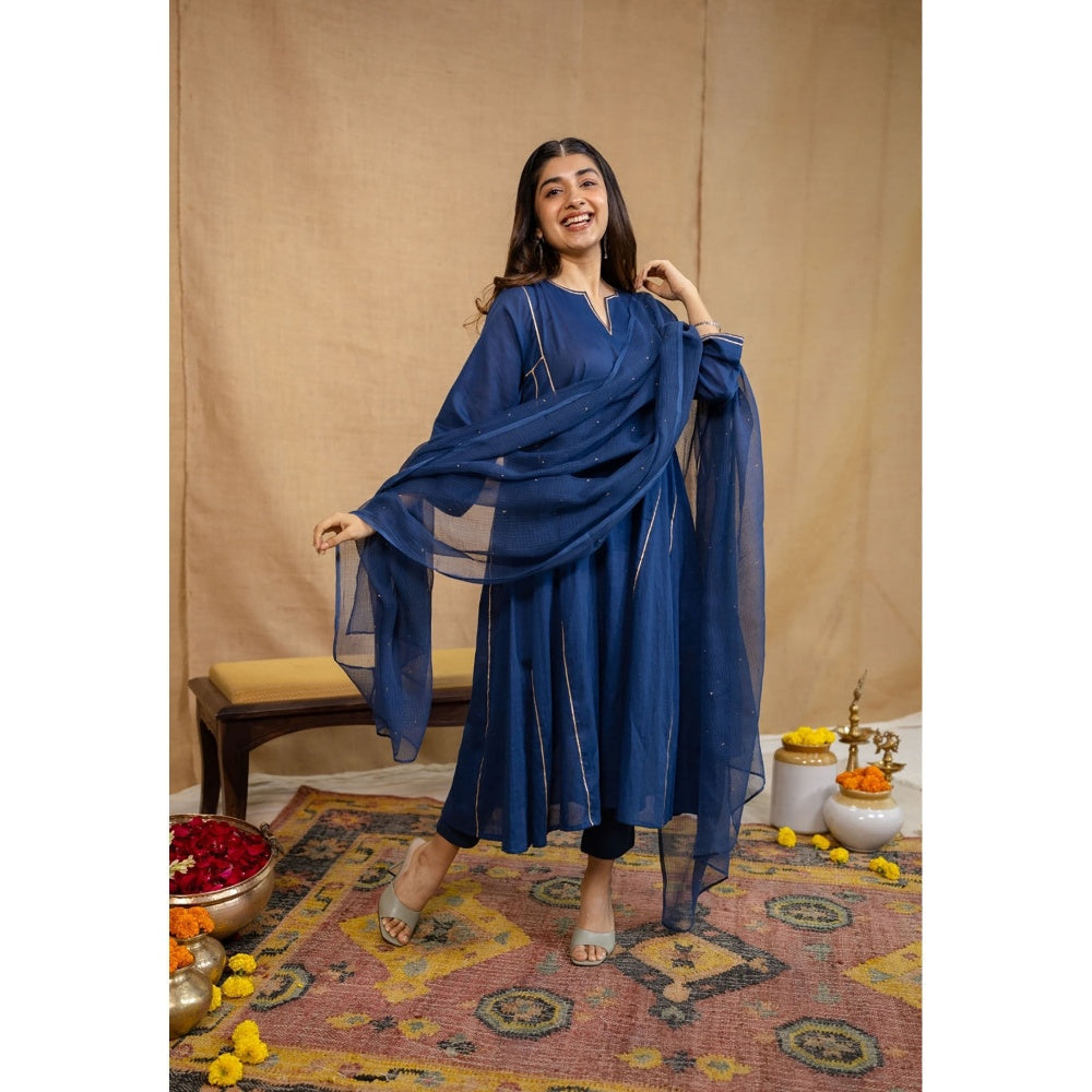 The Indian Ethnic Co. Navy Blue Loose Cotton Kurta with Pant and Dupatta (Set of 3)