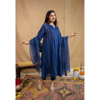 The Indian Ethnic Co. Navy Blue Loose Cotton Kurta with Pant and Dupatta (Set of 3)