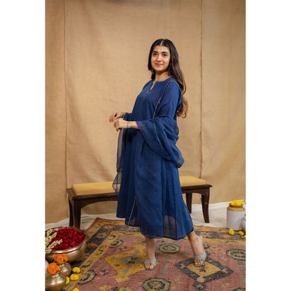 The Indian Ethnic Co. Navy Blue Loose Cotton Kurta with Pant and Dupatta (Set of 3)