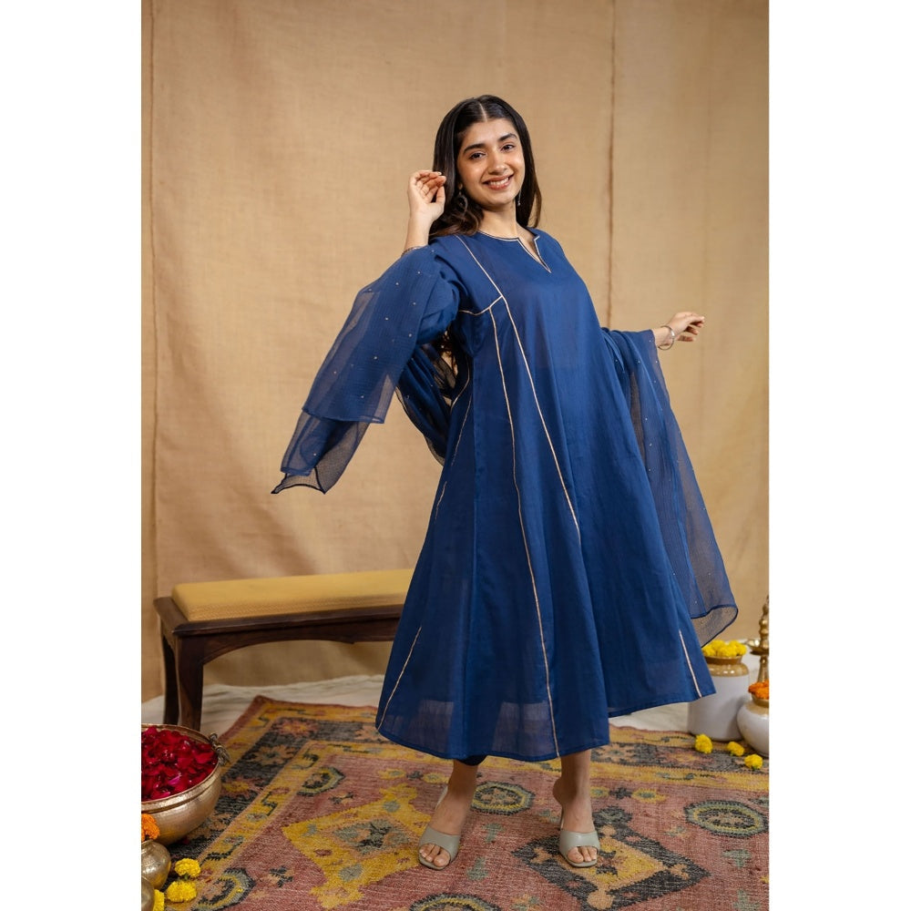 The Indian Ethnic Co. Navy Blue Loose Cotton Kurta with Pant and Dupatta (Set of 3)