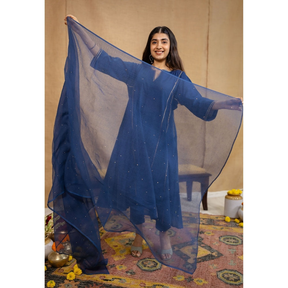 The Indian Ethnic Co. Navy Blue Loose Cotton Kurta with Pant and Dupatta (Set of 3)
