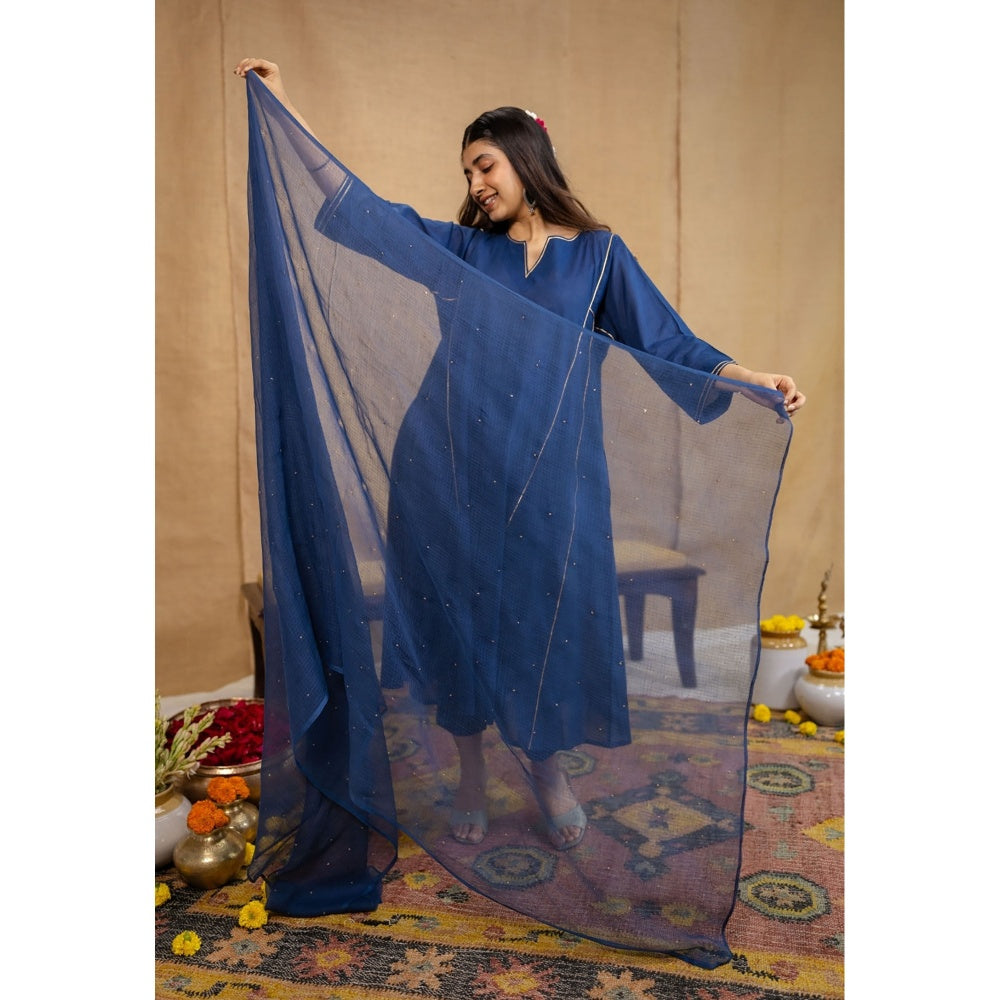 The Indian Ethnic Co. Navy Blue Loose Cotton Kurta with Pant and Dupatta (Set of 3)