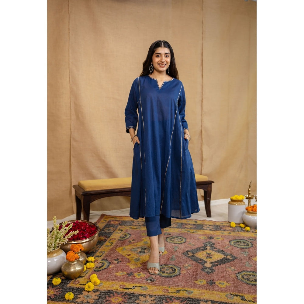 The Indian Ethnic Co. Navy Blue Loose Cotton Kurta with Pant and Dupatta (Set of 3)