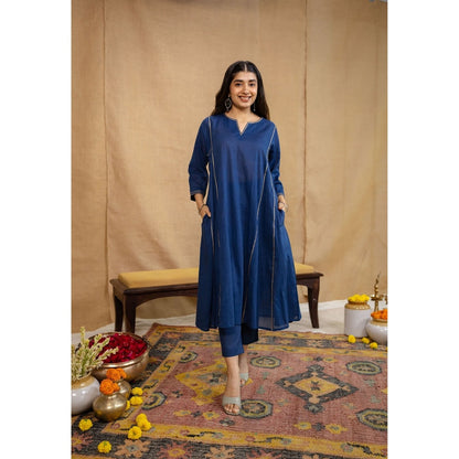 The Indian Ethnic Co. Navy Blue Loose Cotton Kurta with Pant and Dupatta (Set of 3)