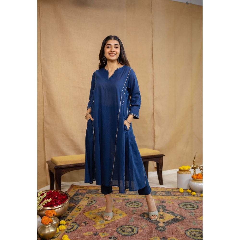 The Indian Ethnic Co. Navy Blue Loose Cotton Kurta with Pant and Dupatta (Set of 3)