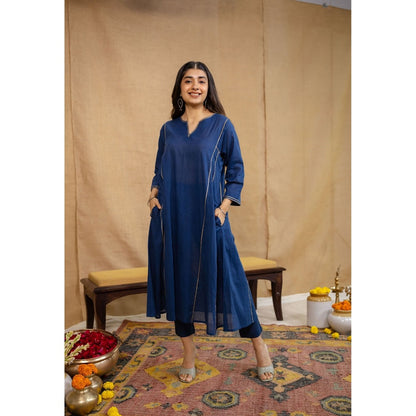 The Indian Ethnic Co. Navy Blue Loose Cotton Kurta with Pant and Dupatta (Set of 3)