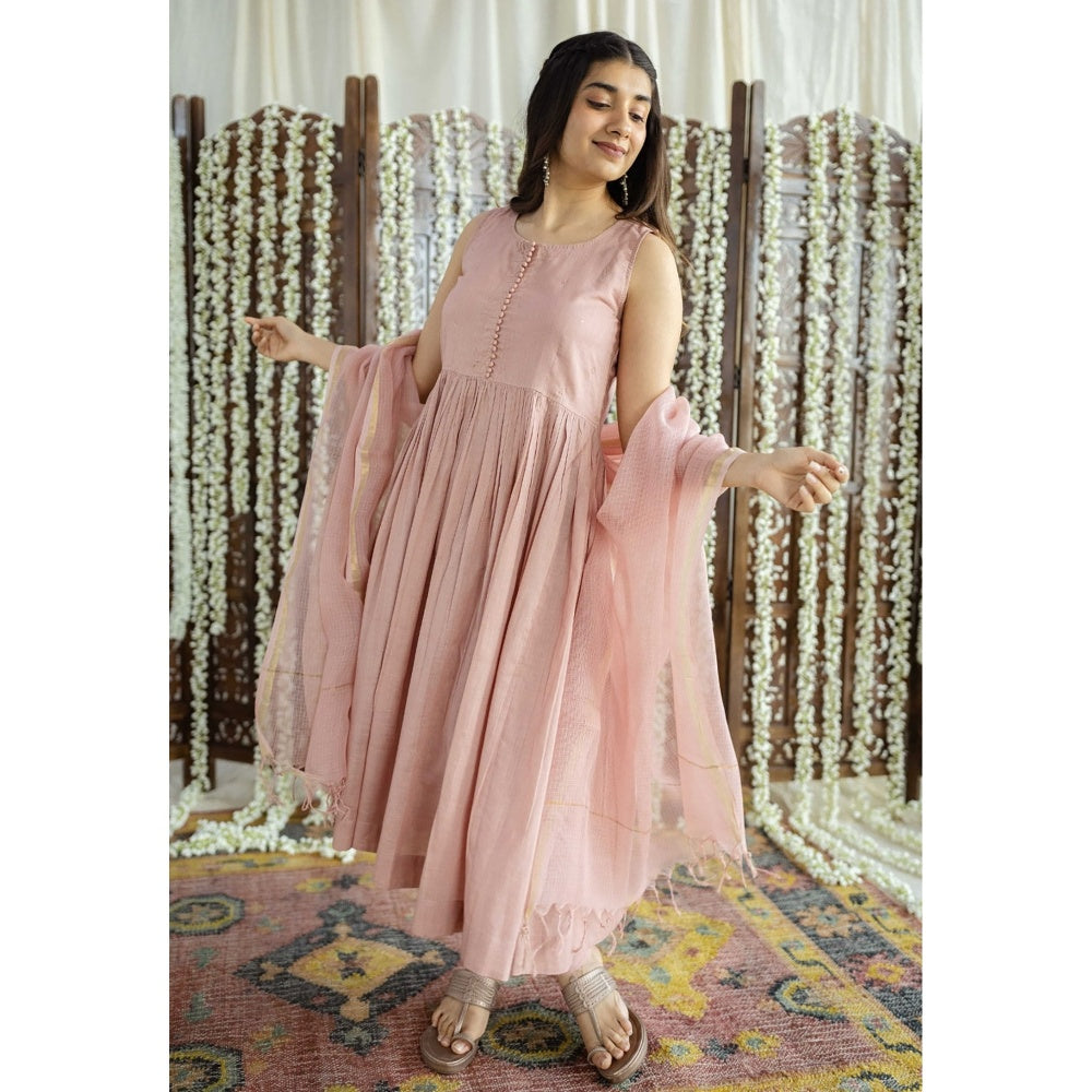The Indian Ethnic Co. Pink Plain A-Line Cotton Kurta with Churidar and Dupatta (Set of 3)