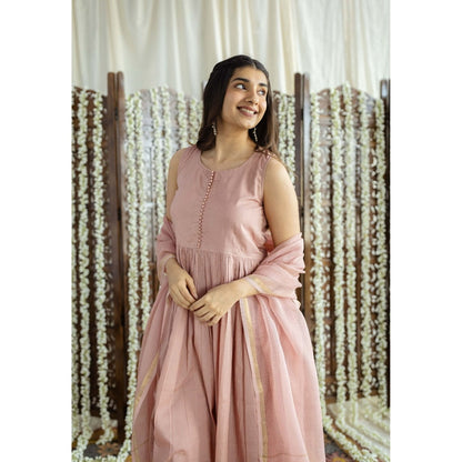The Indian Ethnic Co. Pink Plain A-Line Cotton Kurta with Churidar and Dupatta (Set of 3)