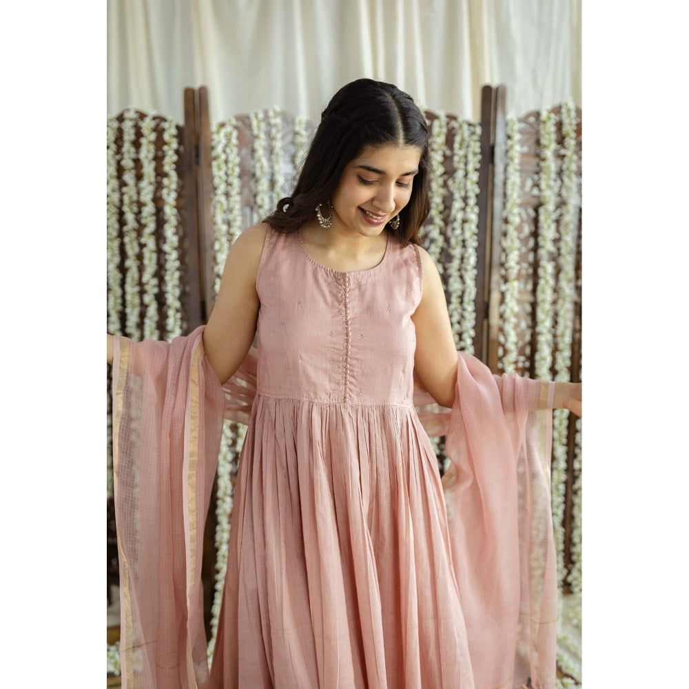 The Indian Ethnic Co. Pink Plain A-Line Cotton Kurta with Churidar and Dupatta (Set of 3)