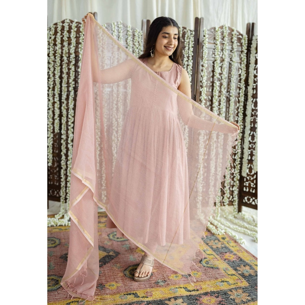 The Indian Ethnic Co. Pink Plain A-Line Cotton Kurta with Churidar and Dupatta (Set of 3)