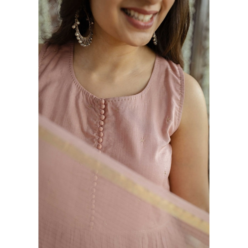 The Indian Ethnic Co. Pink Plain A-Line Cotton Kurta with Churidar and Dupatta (Set of 3)