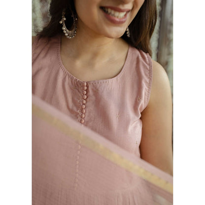 The Indian Ethnic Co. Pink Plain A-Line Cotton Kurta with Churidar and Dupatta (Set of 3)