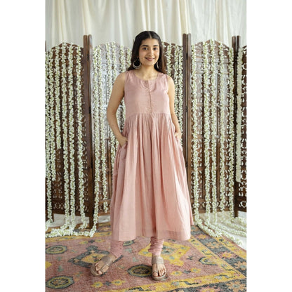 The Indian Ethnic Co. Pink Plain A-Line Cotton Kurta with Churidar and Dupatta (Set of 3)
