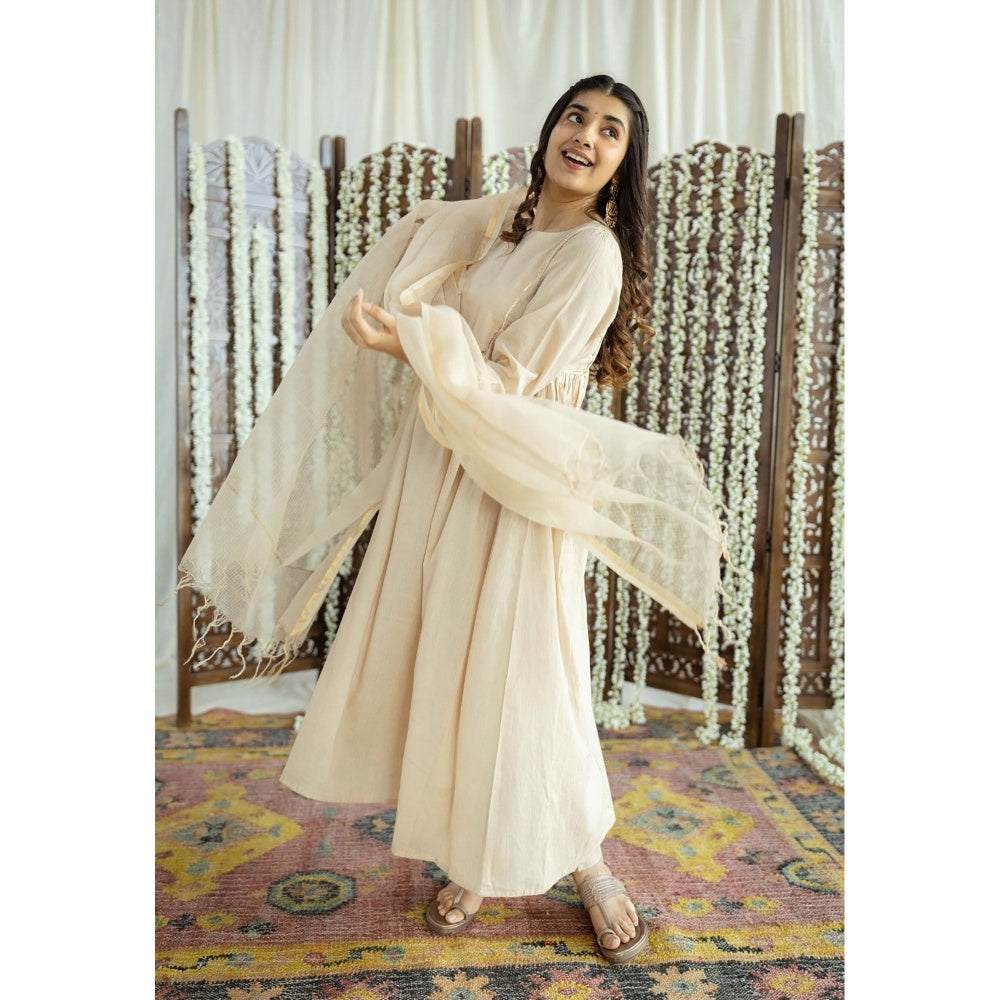 The Indian Ethnic Co. Beige Plain A-Line Cotton Kurta with Pant and Dupatta (Set of 3)