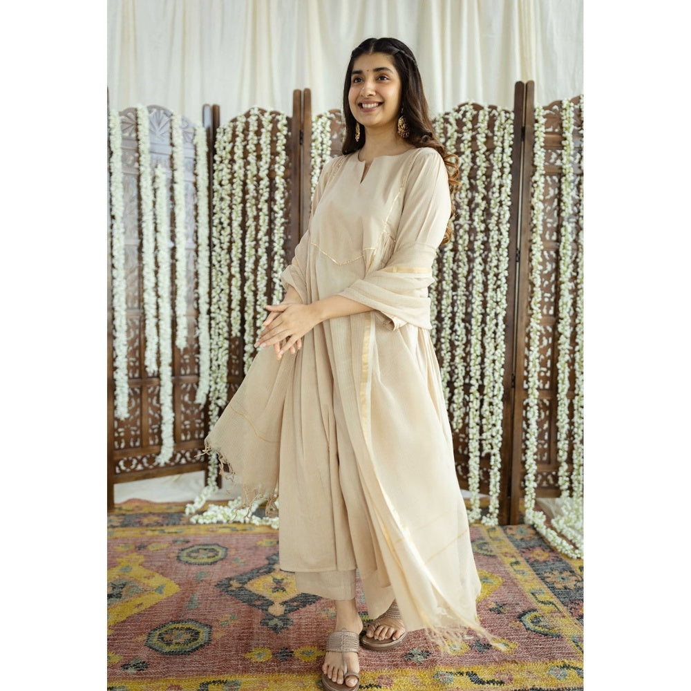 The Indian Ethnic Co. Beige Plain A-Line Cotton Kurta with Pant and Dupatta (Set of 3)